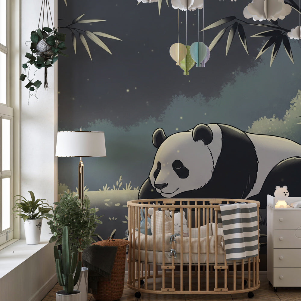 Nature-inspired panda mural wallpaper transforming kids playroom with gentle bamboo design