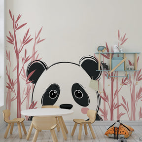 Pink bamboo panda mural wallpaper accent wall in bright kids playroom by Kids-Mundo