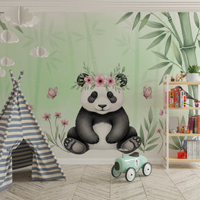Adorable panda mural wallpaper with flowers and bamboo in colorful kids playroom