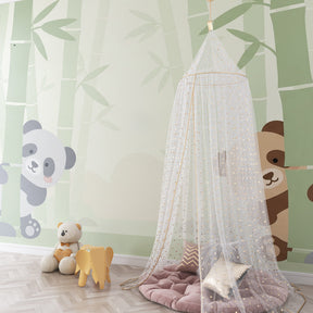 Playful panda bamboo mural wallpaper creating calming atmosphere in kids playroom
