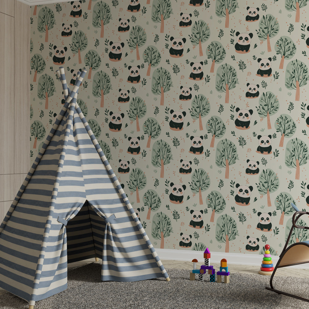 Nature-themed panda wallpaper creating inspiring playroom environment with forest tree designs