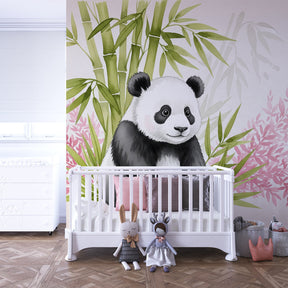 Nature-themed panda wallpaper transforming playroom with bamboo forest design