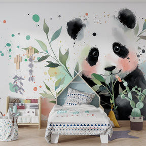 Nature-themed panda mural wallpaper for kids playroom with soft pastel watercolor design by Kids-Mundo