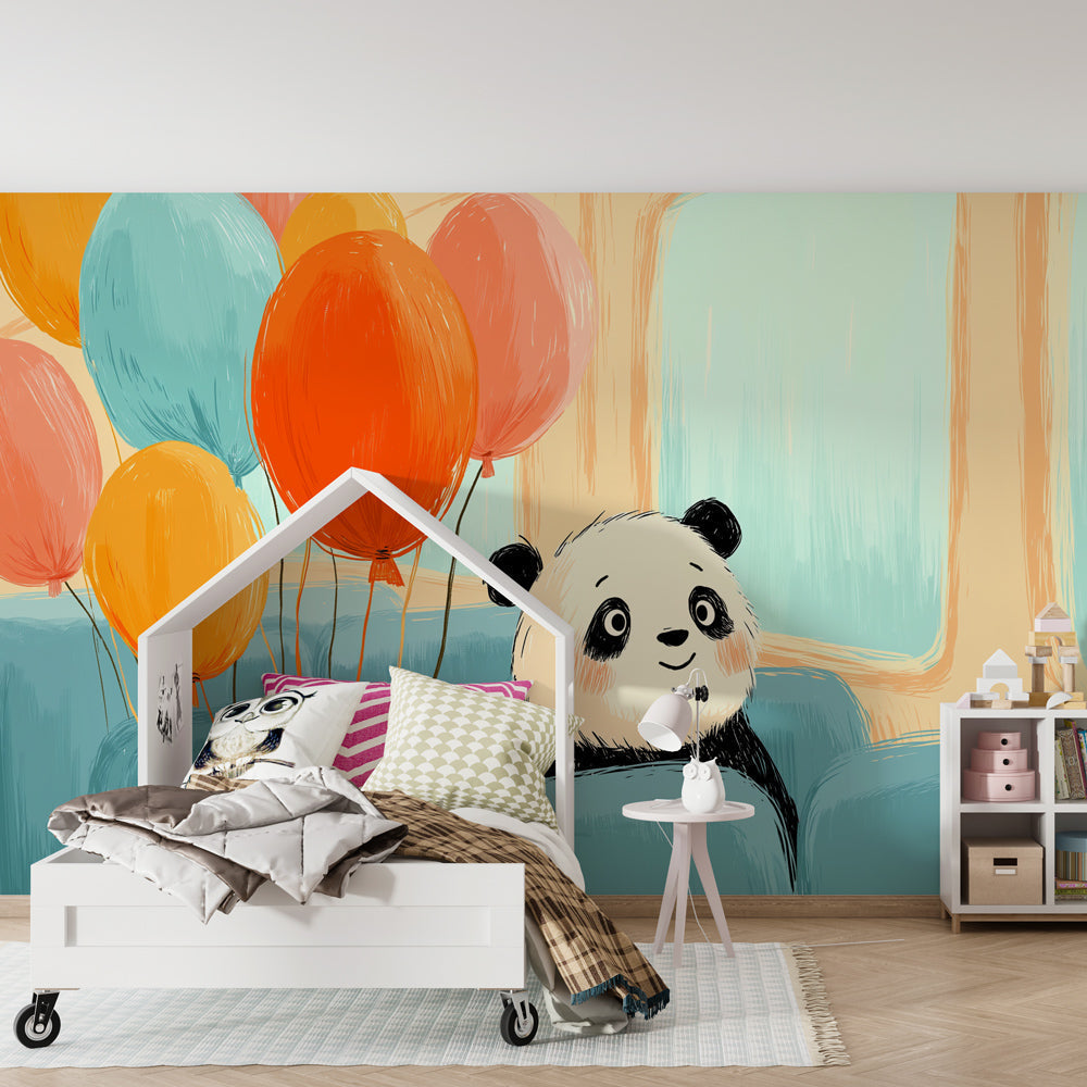 Colorful panda balloon wallpaper transforming playroom with pastel animal theme