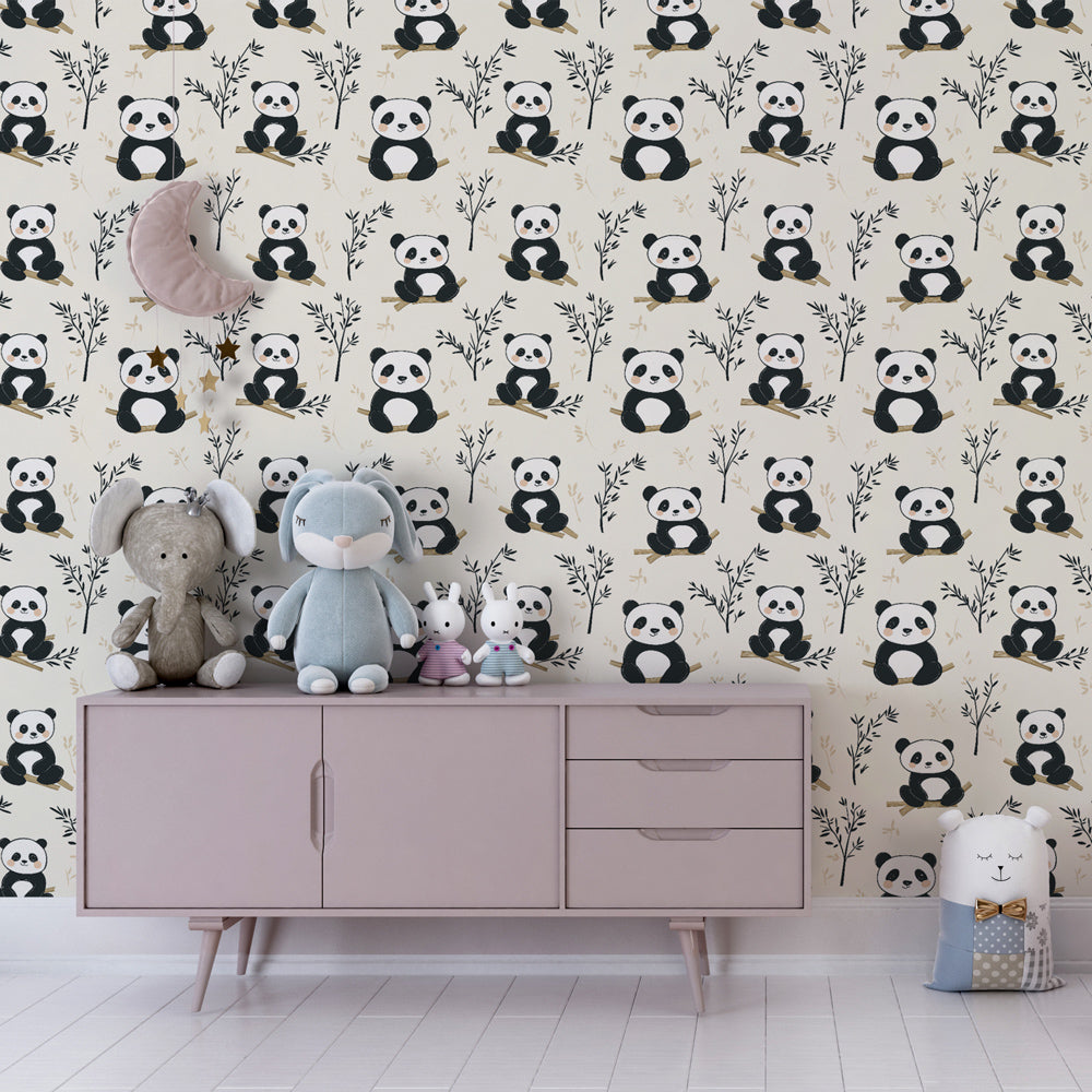 Panda themed mural wallpaper transforming kids playroom with gentle animal motifs by Kids-Mundo