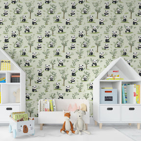 Animal mural wallpaper featuring playful pandas in natural bamboo habitat for kids playroom