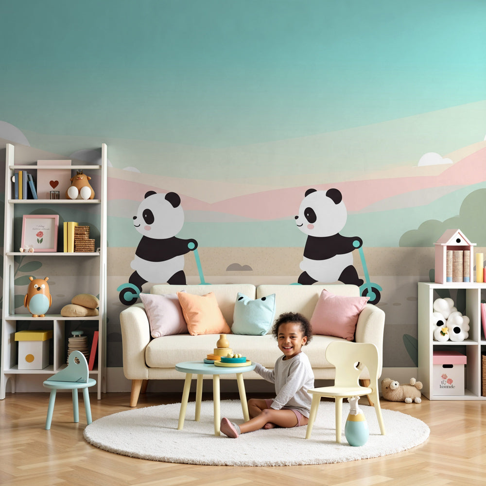 Panda scooter mural wallpaper in bright modern nursery setting by Kids-Mundo