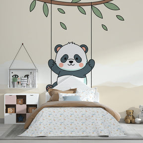 Panda mural wallpaper with swing design in modern toddler bedroom decor by Kids-Mundo