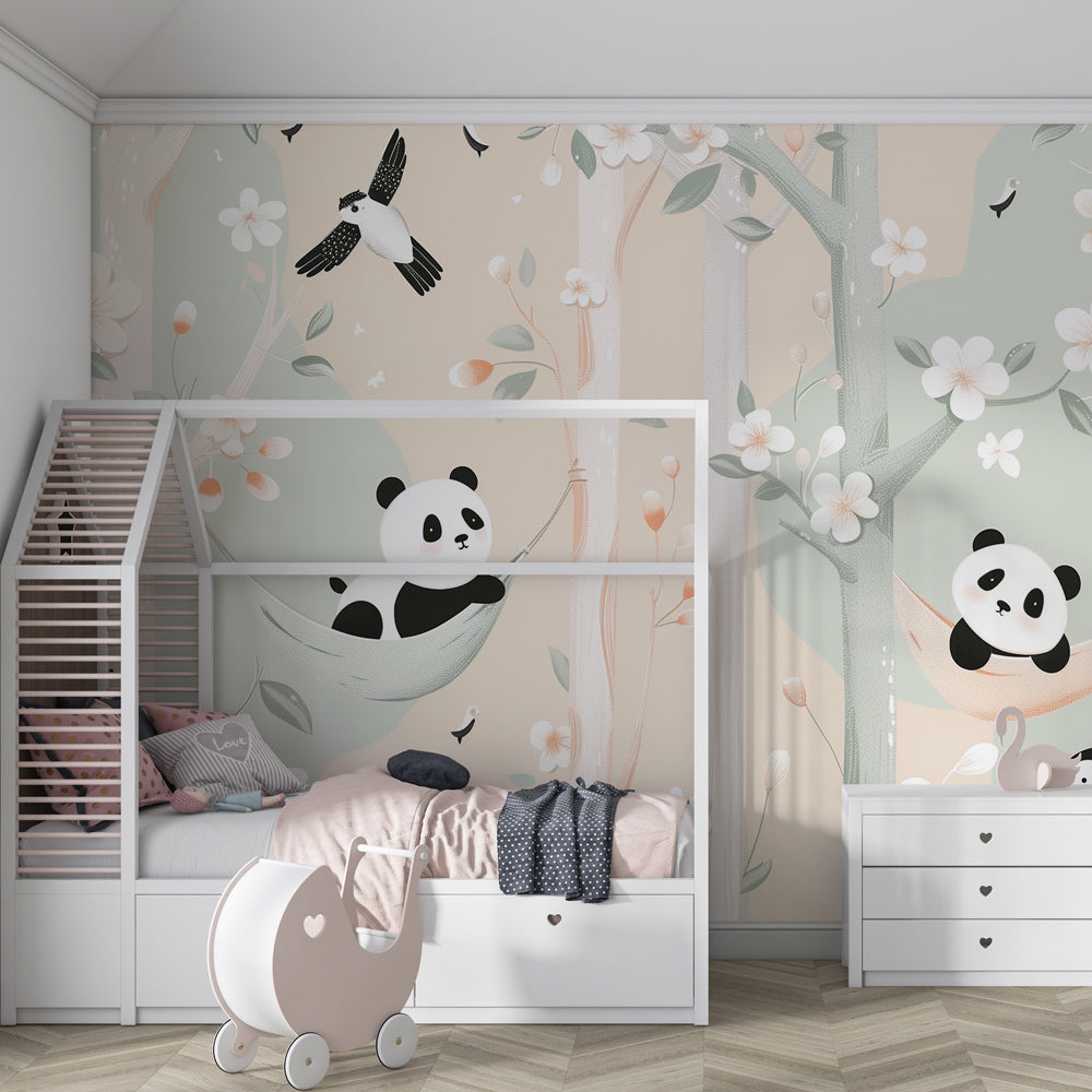 Animal mural wallpaper with pandas and flowers in cozy toddler room setting