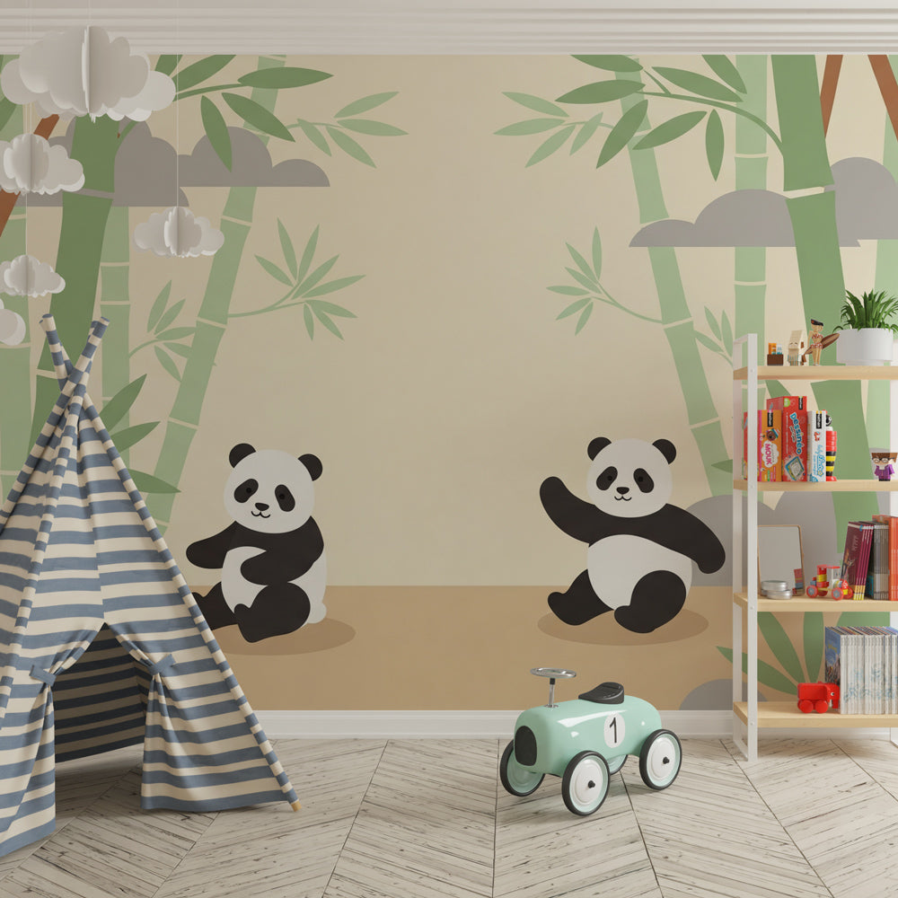 Nature-themed panda mural wallpaper transforming toddler room into bamboo sanctuary