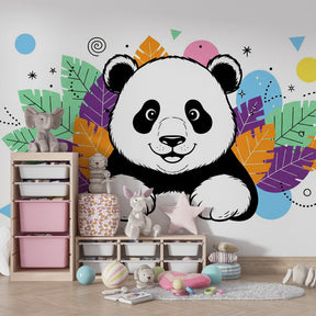 Friendly panda mural wallpaper creating magical toddler room atmosphere with bright colors
