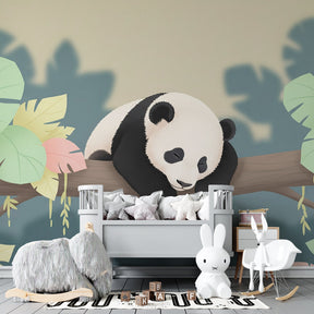 Tropical panda wallpaper with pastel colors transforming kids room into jungle sanctuary