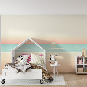 Ocean sunset mural wallpaper with contemplative panda creating calm atmosphere in children's playroom