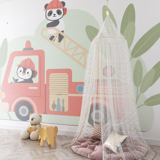 Kids-Mundo firefighter panda wall mural styled in a lively child's bedroom