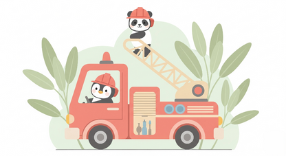 Kids-Mundo flat artwork preview of the panda and penguin firefighter wall mural design