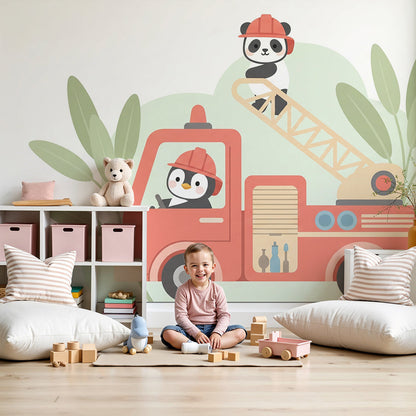 Kids-Mundo panda and penguin fire truck wall mural in a bright baby nursery