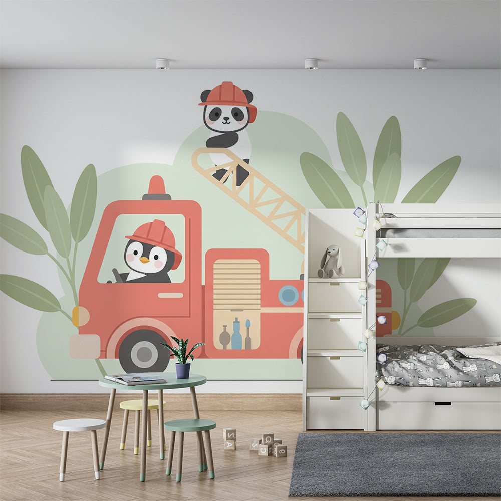 Kids-Mundo panda and penguin fire truck wall mural bringing fun to a playroom wall
