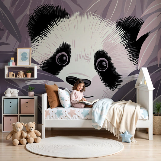 Kids-Mundo panda peekaboo wall mural in pink and violet tones in a baby nursery