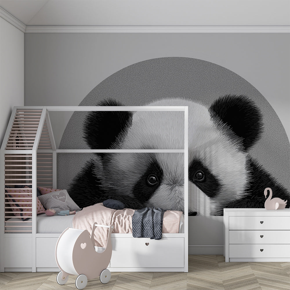 Kids-Mundo monochrome panda wall mural as a striking feature in a kids bedroom