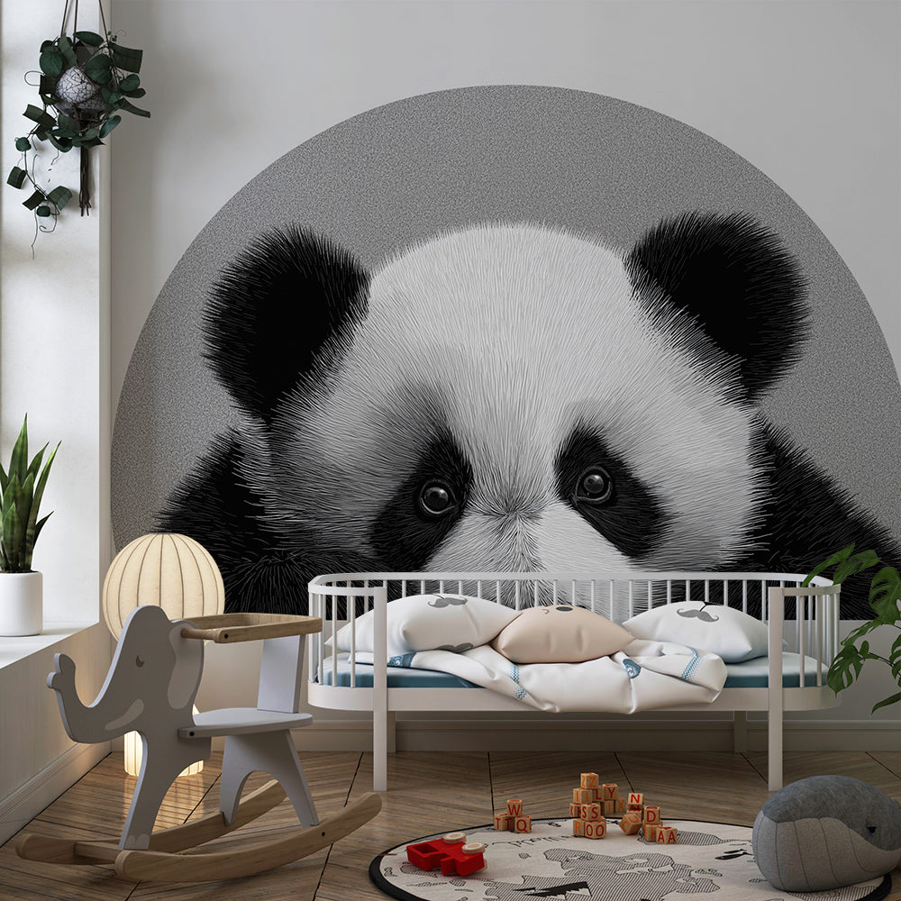 Kids-Mundo detailed panda portrait wall mural adding character to a playroom wall