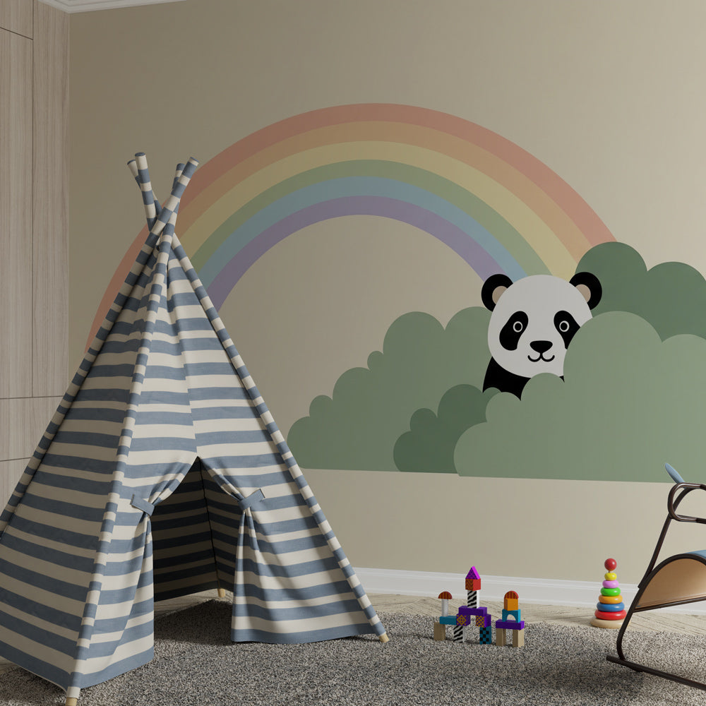 Rainbow panda wallpaper creating magical atmosphere in baby bedroom decor