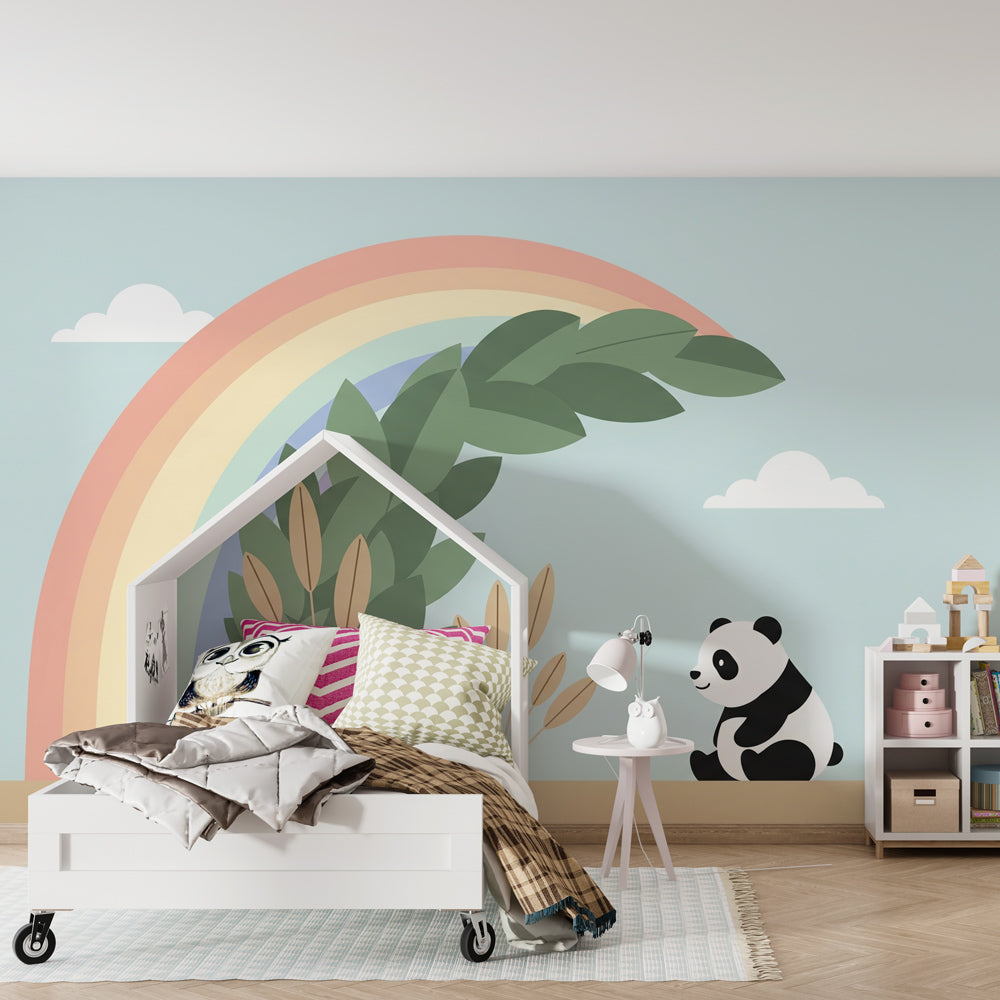 Magical panda and rainbow wallpaper creating serene atmosphere in modern baby bedroom