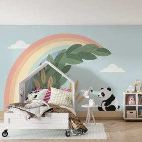 Magical panda and rainbow wallpaper creating serene atmosphere in modern baby bedroom