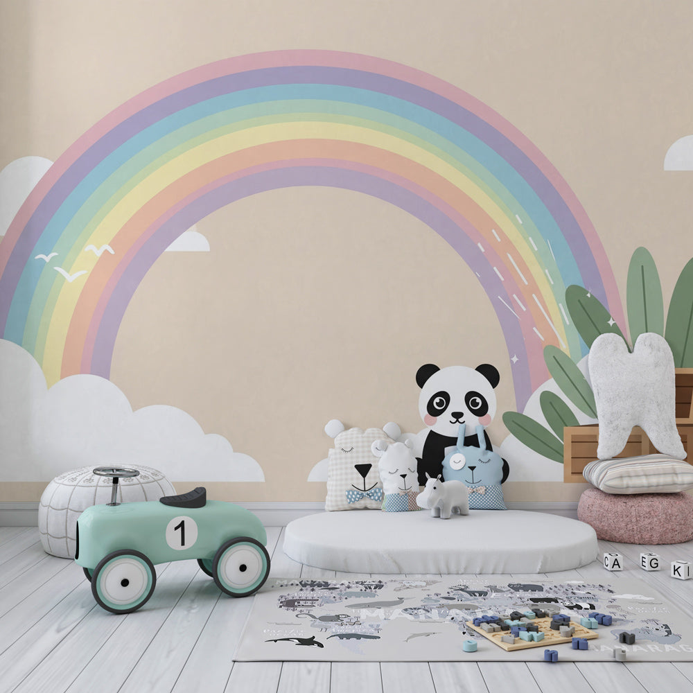 Sweet panda rainbow mural wallpaper featuring clouds and palm trees for nursery walls