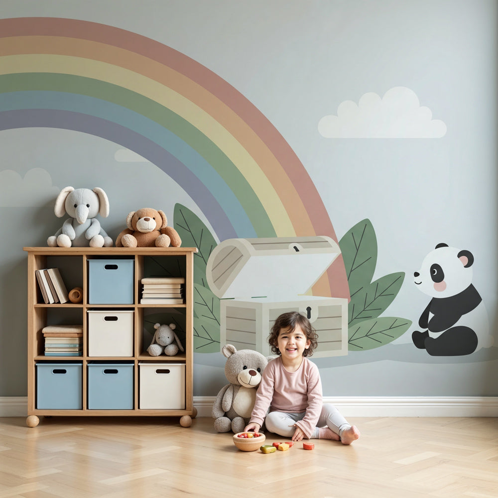 Panda rainbow mural wallpaper creating enchanting nursery atmosphere with curious baby animal design by Kids-Mundo