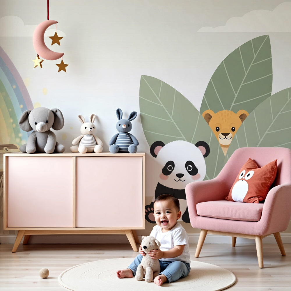 Panda rainbow mural wallpaper in modern baby nursery with white crib by Kids-Mundo