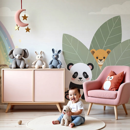 Panda rainbow mural wallpaper in modern baby nursery with white crib by Kids-Mundo