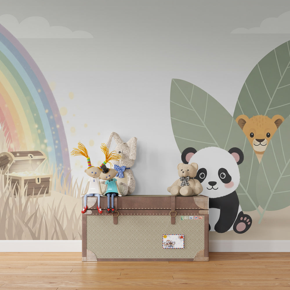 Panda and rainbow wallpaper transforming kids playroom with pastoral adventure theme