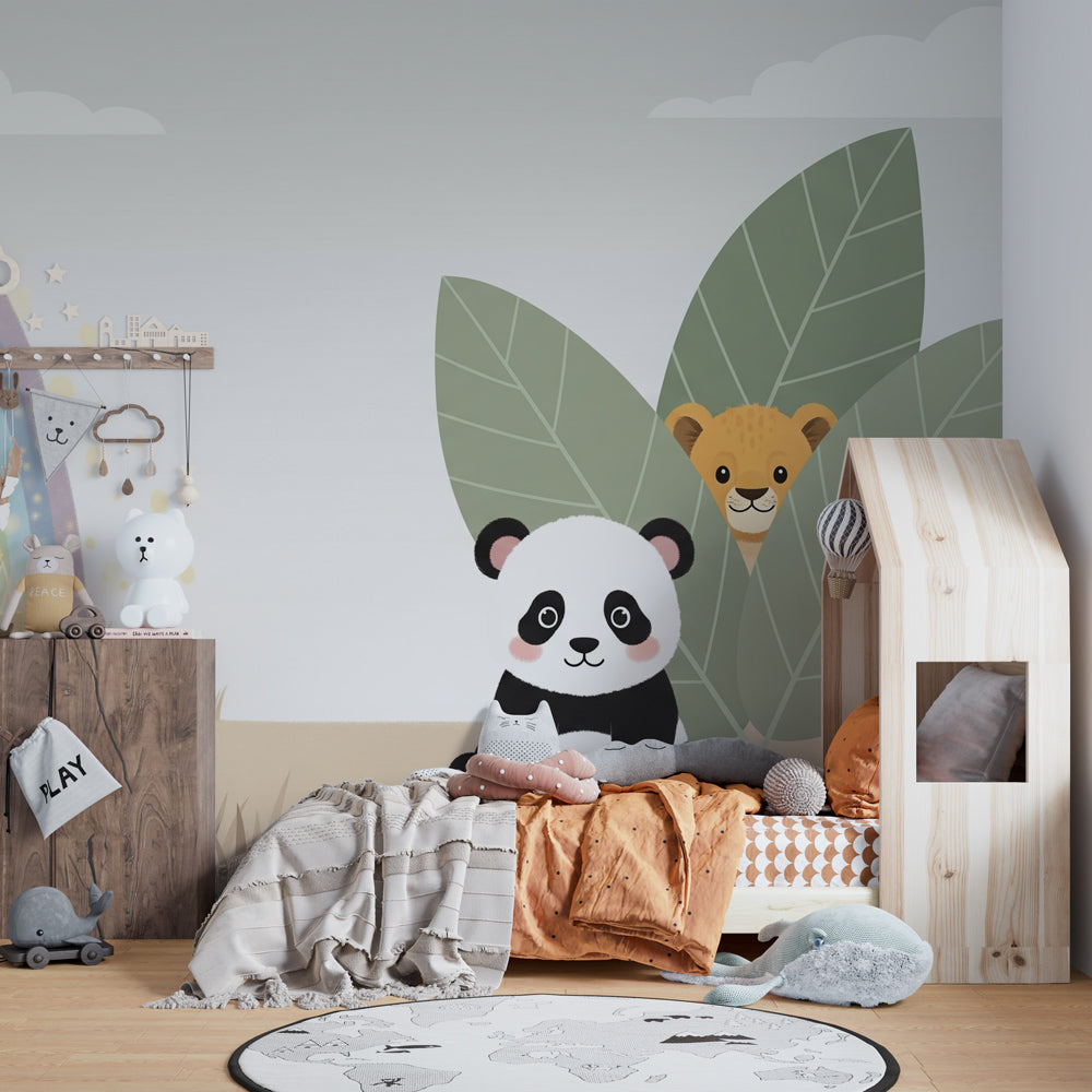 Animal adventure mural wallpaper creating magical atmosphere in child's bedroom