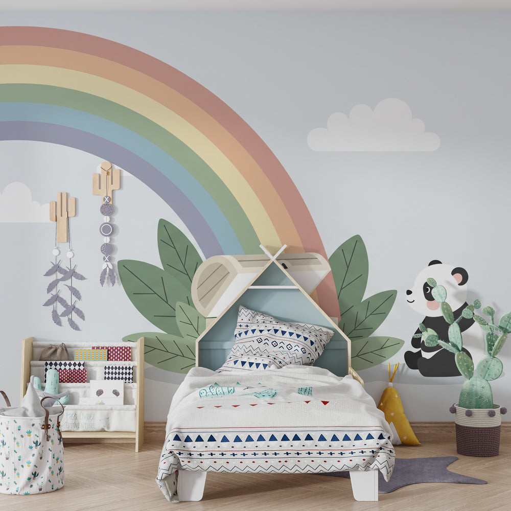 Animal rainbow mural wallpaper for toddler room featuring adorable panda under colorful rainbow arc