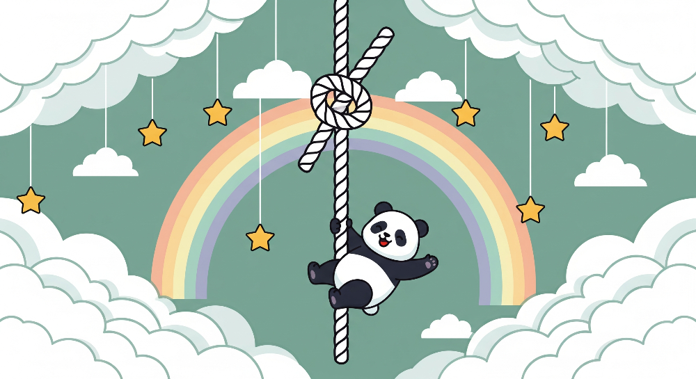 Kids-Mundo flat artwork of a panda climbing a rope beneath a bright rainbow