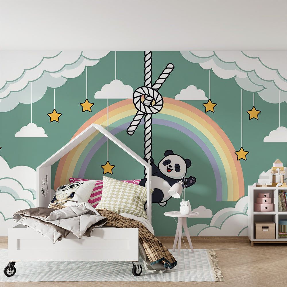 Kids-Mundo rainbow panda wall mural brightening an active children's playroom