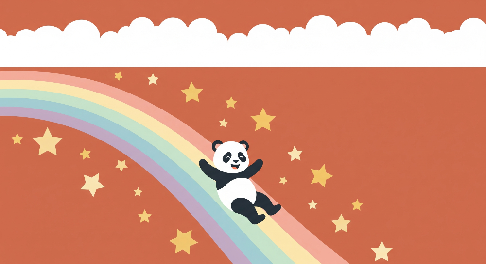 Kids-Mundo flat artwork of a panda sliding down a rainbow with stars, the design used for this wall mural.