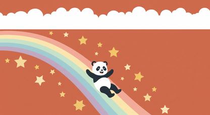 Kids-Mundo flat artwork of a panda sliding down a rainbow with stars, the design used for this wall mural.