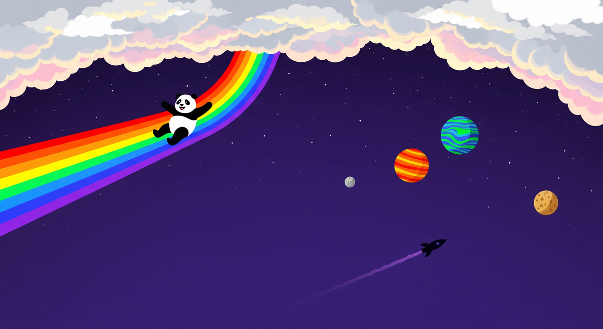 Panda Sliding Through a Starry Rainbow Sky Wall Mural