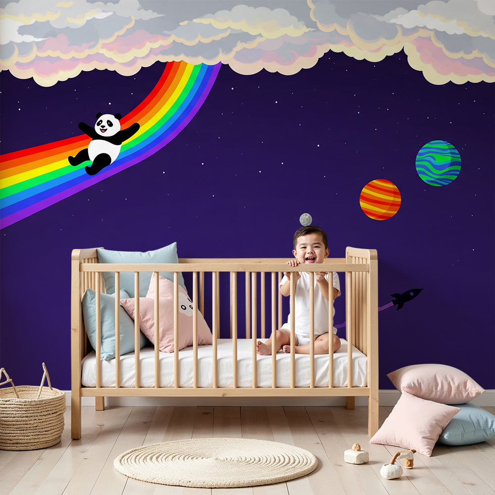 Kids-Mundo starry panda wall mural styled above a cot in a soft purple nursery.