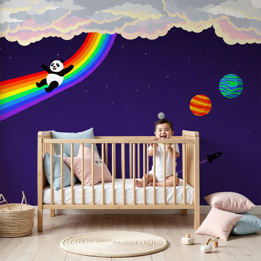 Kids-Mundo starry panda wall mural styled above a cot in a soft purple nursery.