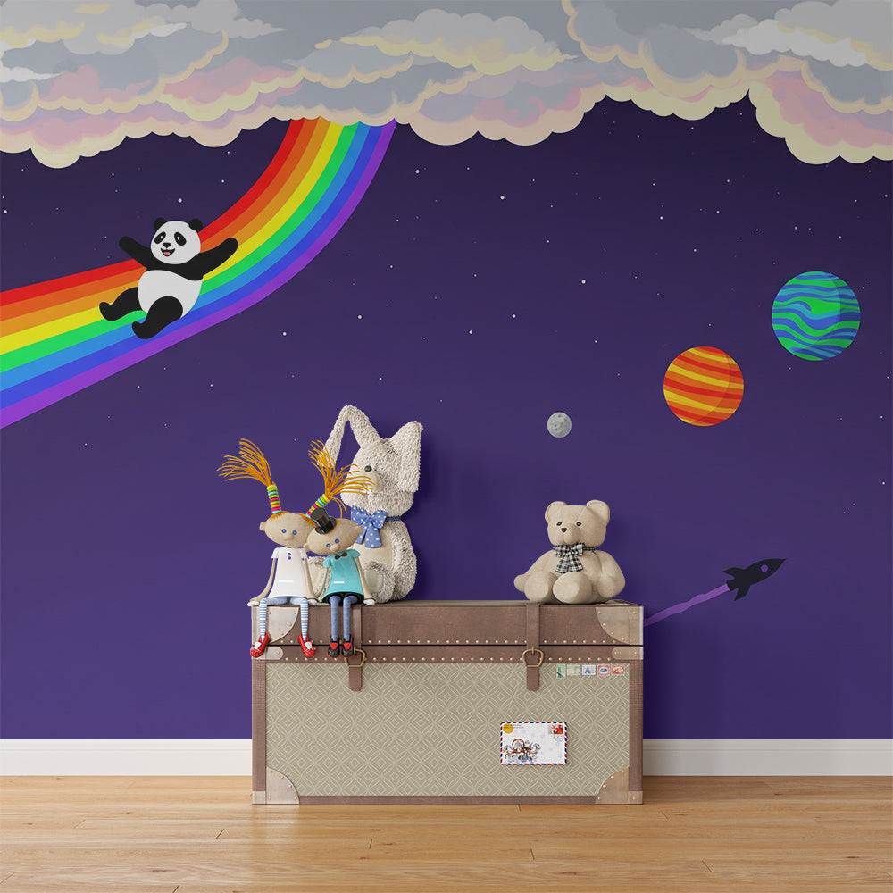 Kids-Mundo rainbow and rocket wall mural adding adventure to a playroom.