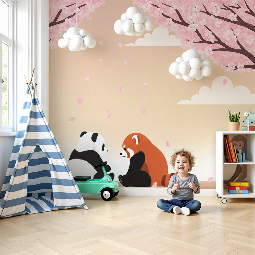 Kids-Mundo panda and red panda wall mural styled in a soft pink nursery room.