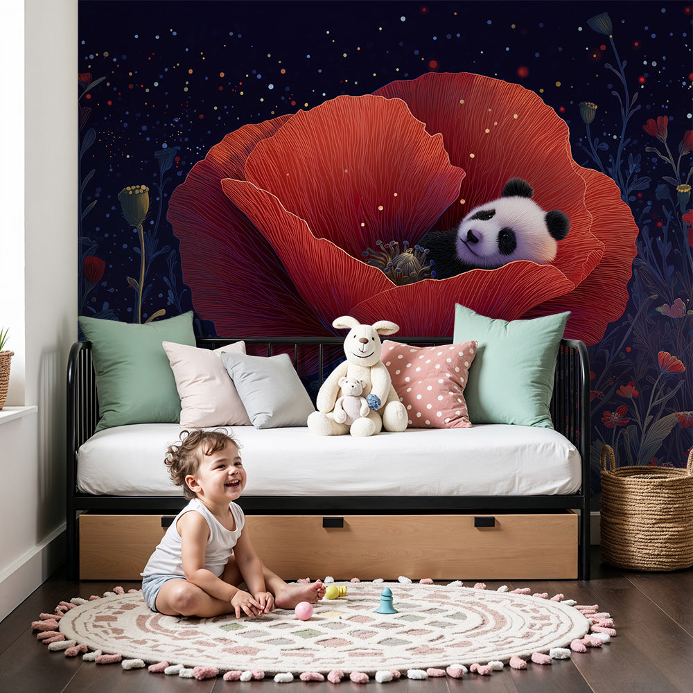 Kids-Mundo red poppy panda wall mural shown above a cot in a soft nursery room