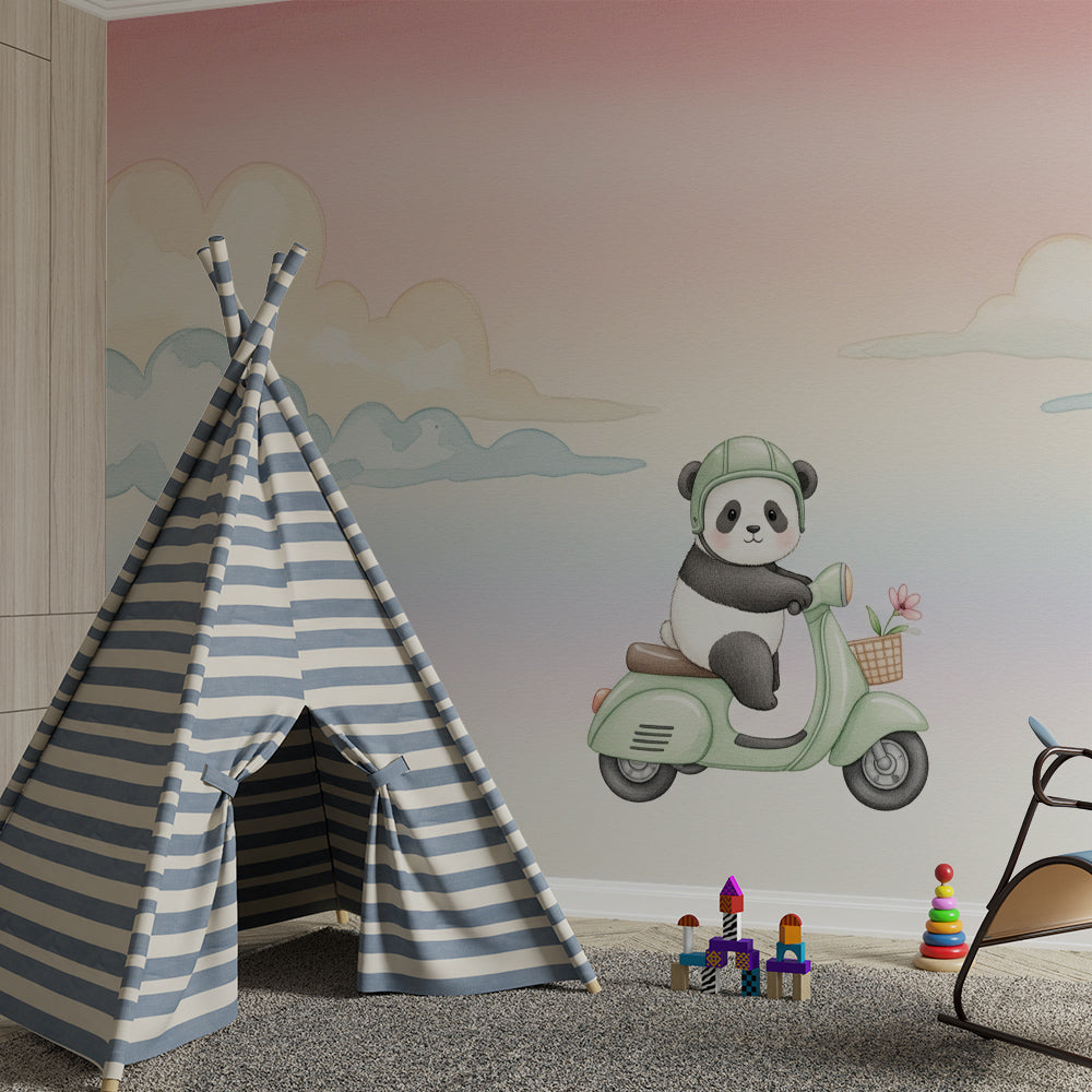 Kids-Mundo panda riding a scooter mural on a feature wall in a kids bedroom