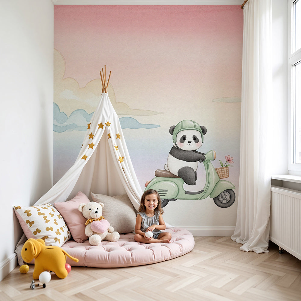 Kids-Mundo panda scooter wall mural in a bright pastel nursery with cot and rug