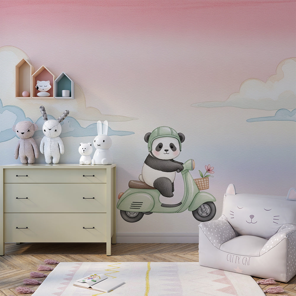 Kids-Mundo playful panda scooter mural adding fun to a children's playroom wall