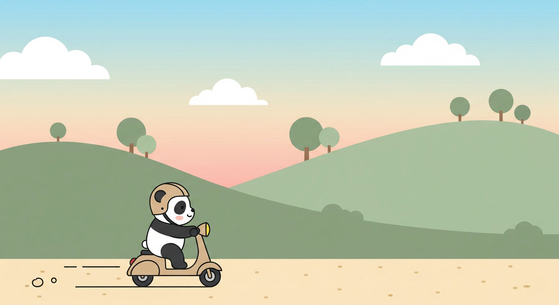 Detailed panda adventure mural wallpaper design pattern with scooter and hills by Kids-Mundo