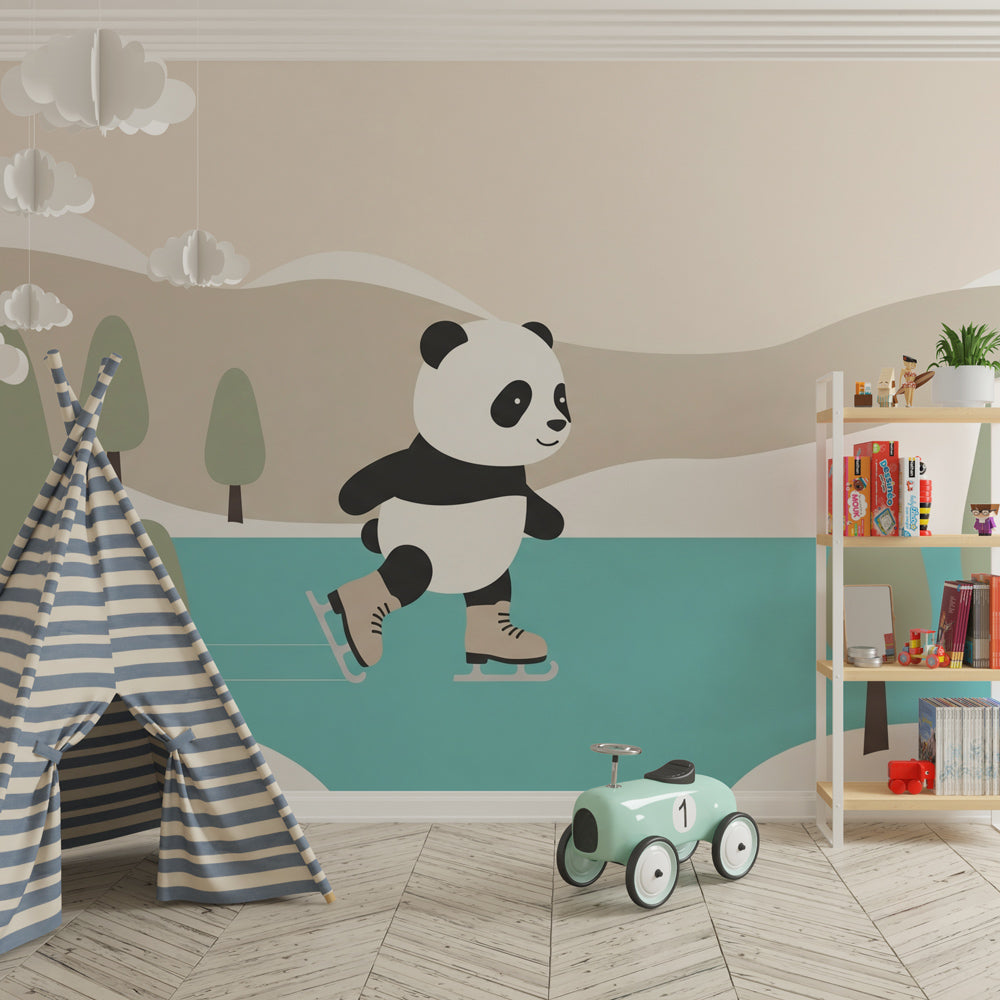 Charming panda mural wallpaper transforming children's playroom into magical ice skating scene