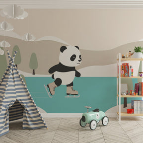 Charming panda mural wallpaper transforming children's playroom into magical ice skating scene